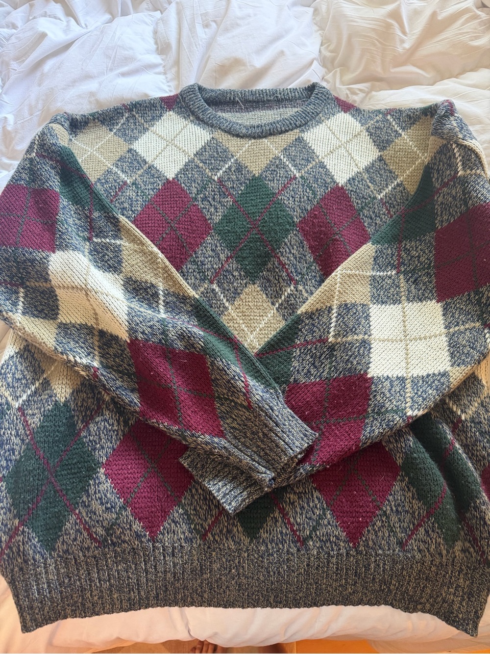 Men's Vintage Argyle Crewneck Sweater in Burgundy, Green & Cream